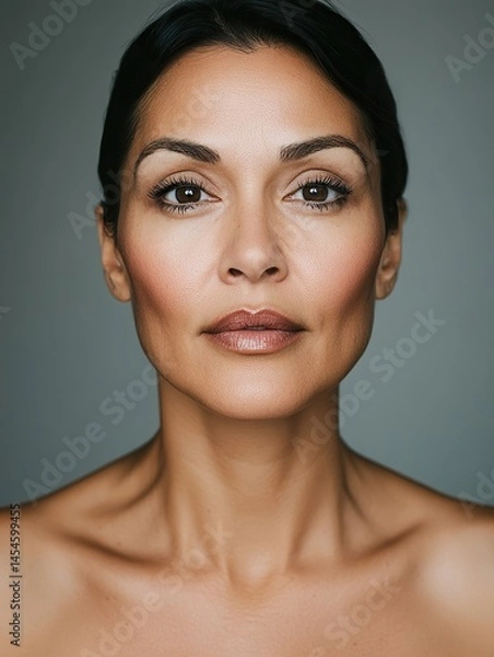 Fototapeta Portrait of a woman with beautiful features and brown eyes, posing against a solid, neutral background.