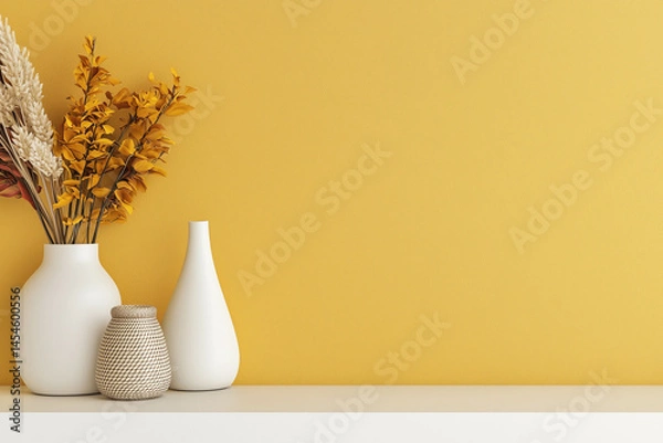Fototapeta bright yellow wall serves as backdrop for elegant white vases and dried flowers, creating warm and inviting atmosphere. arrangement adds touch of modern decor to any space