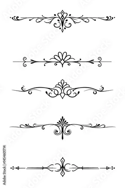 Obraz Collection of five elegant decorative borders in ornate design style. Symmetrical line art with intricate patterns, ideal for invitations, certificates, and digital design projects