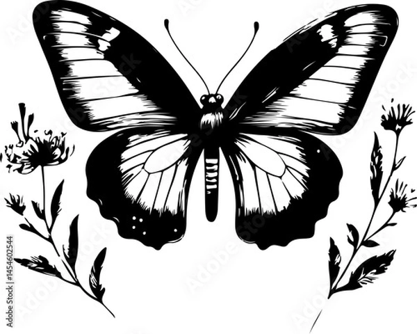 Obraz Black and White Illustration of a Butterfly with Detailed and Symmetrical Wing Patterns
