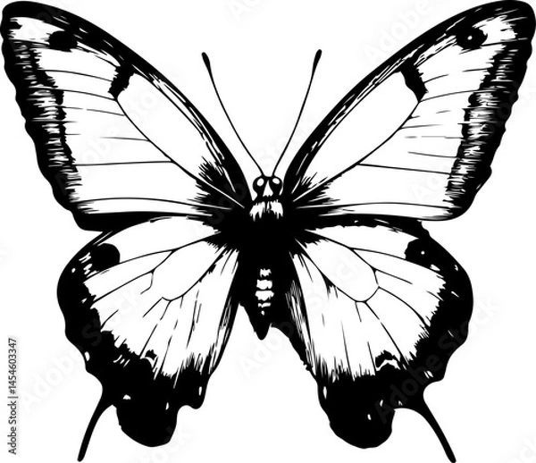 Obraz Black and White Illustration of a Butterfly with Detailed and Symmetrical Wing Patterns

