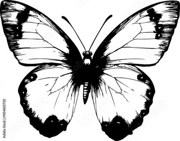 Obraz Black and White Illustration of a Butterfly with Detailed and Symmetrical Wing Patterns
