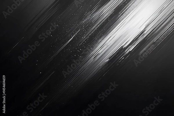 Obraz "Abstract black and white streaks with light reflections and subtle particles on a dark background"

