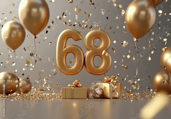 Obraz Golden Number 68 Surrounded by Balloons and Gifts for Celebration
