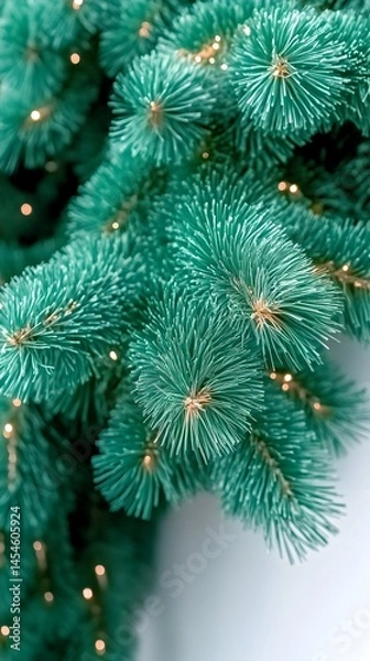 Fototapeta Teal artificial Christmas tree branch with warm-toned lights