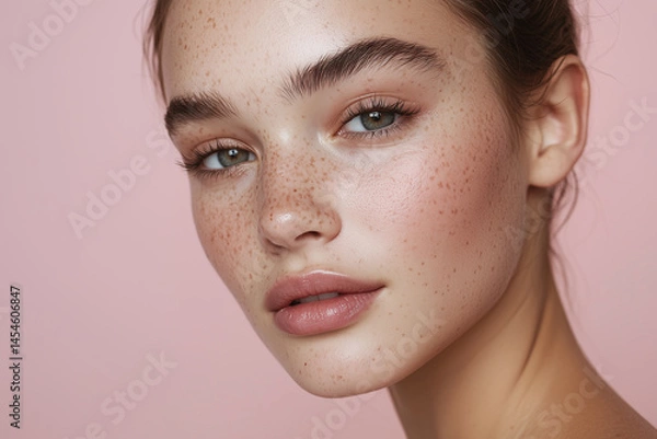 Fototapeta Youthful beauty portrait featuring flawless matte complexion, natural freckles, and soft makeup against pink background. model exudes fresh and radiant look