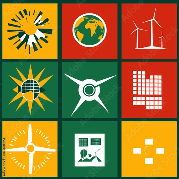 Obraz Vector symbols and icons reflecting the goals of sustainable development: ecology, social equality, economy, clean energy and care for the planet. Suitable for infographics and presentations.