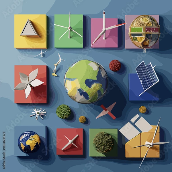 Obraz Vector symbols and icons reflecting the goals of sustainable development: ecology, social equality, economy, clean energy and care for the planet. Suitable for infographics and presentations.