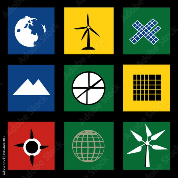 Obraz Vector symbols and icons reflecting the goals of sustainable development: ecology, social equality, economy, clean energy and care for the planet. Suitable for infographics and presentations.