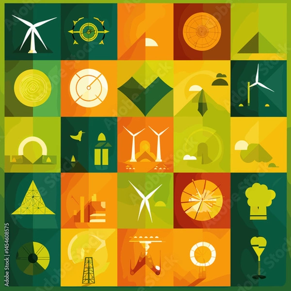 Obraz Vector symbols and icons reflecting the goals of sustainable development: ecology, social equality, economy, clean energy and care for the planet. Suitable for infographics and presentations.
