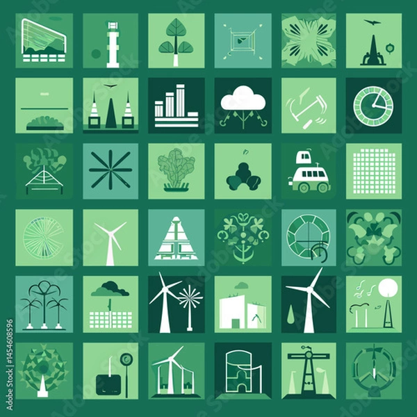 Obraz Vector symbols and icons reflecting the goals of sustainable development: ecology, social equality, economy, clean energy and care for the planet. Suitable for infographics and presentations.