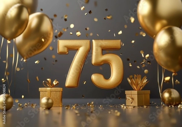Obraz Golden 75th Anniversary Celebration with Balloons and Confetti