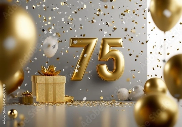 Obraz Golden 75th Anniversary Celebration with Balloons and Confetti