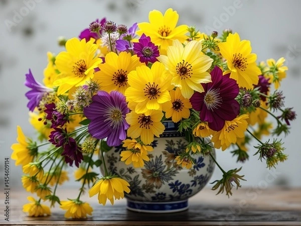 Fototapeta Rustic Elegance: Yellow & Purple Alliums & Nasturtiums on Porcelain Jar