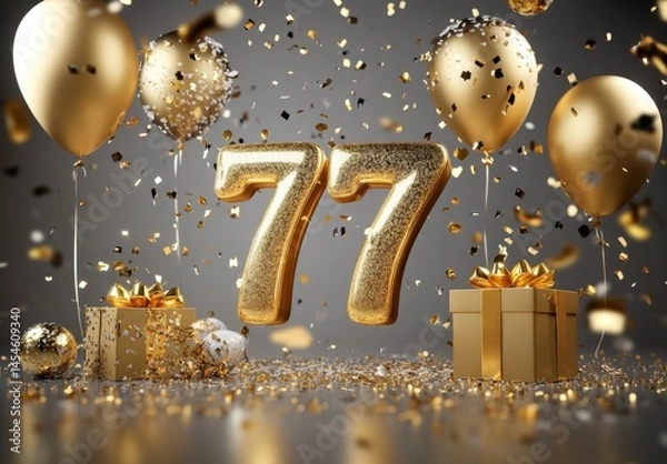 Obraz Golden Balloons and Gifts with Glitter for 77th Celebration