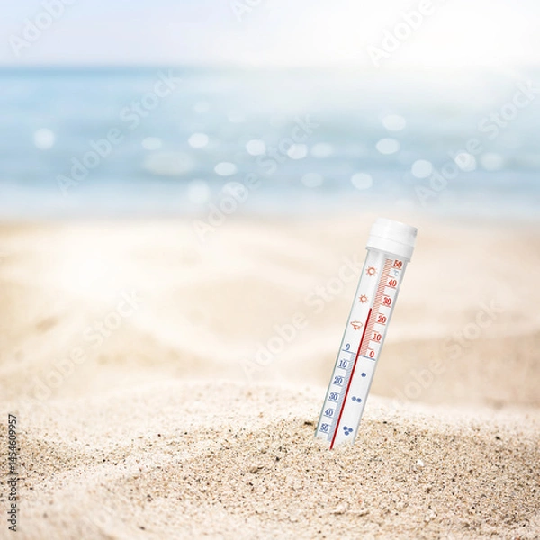 Fototapeta Summer beach thermometer and free space for your tekst