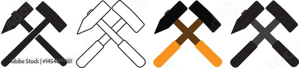 Obraz Two Crossed Hammers Icon, isolated on white background. Carpenter's, builder's working tool. Tool with wooden handle and steel base, for hammering nails. Realistic vector illustration
