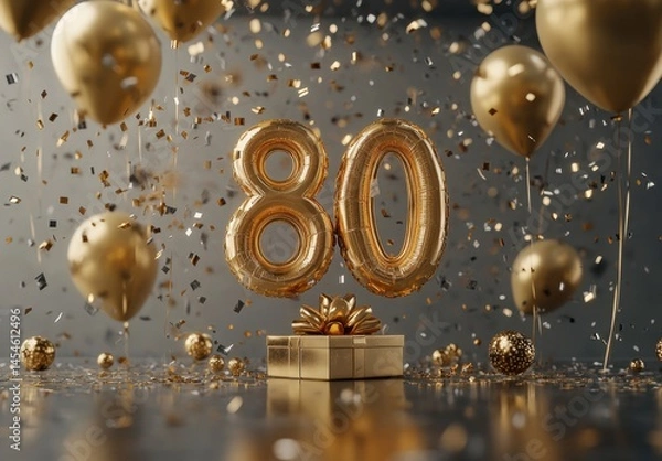 Obraz Golden Celebration for 80th Birthday with Balloons and Confetti