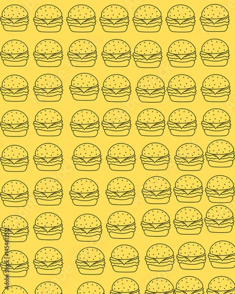Fototapeta Burgers drawn with a simple line over a yellow background. Each burger has a toasted loaf of sesame, Patty, and lettuce stuffing.