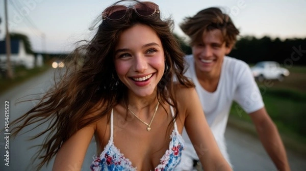 Obraz Young couple riding bicycle outdoors during sunset, smiling and enjoying each other's company
