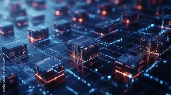 Fototapeta Complex network of glowing cubes on a digital platform.