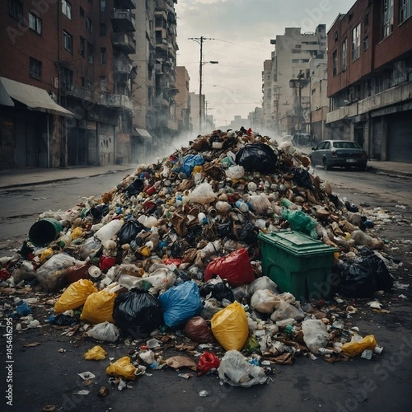 Fototapeta Overwhelming Waste Accumulation on Urban Street Creating Environmental Crisis and Urban Decay, Cityscape Underneath Cloudy Sky
