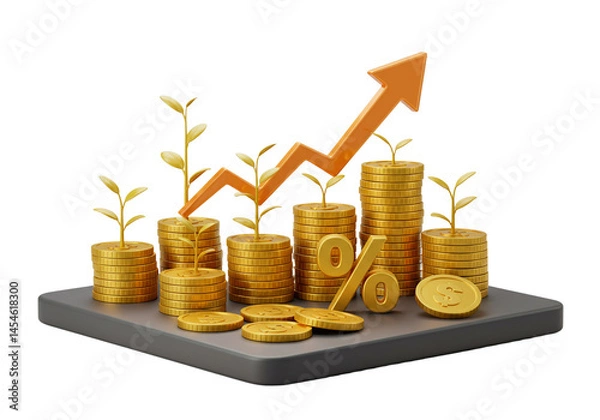 Fototapeta Growing Money Stacks with Sprout Plants and Upward Arrow