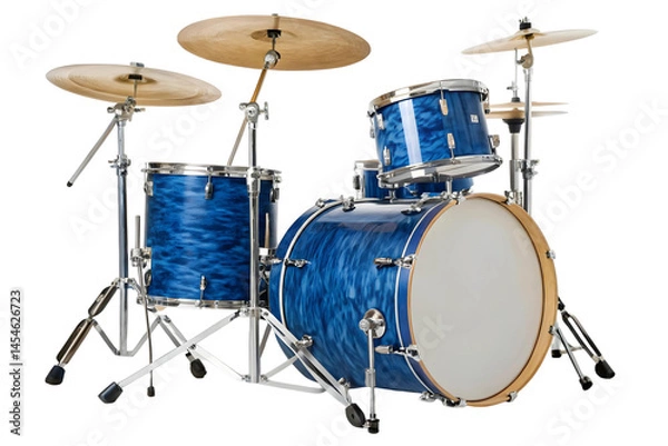 Fototapeta Isolated drum kit with blue swirl finish and silver hardware on a transparent background in studio lighting