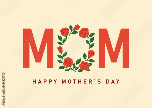 Obraz mother`s day card with red roses, isolated vector illustration in flat design, template for greeting card, invitation, poster,print
