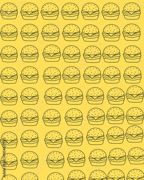 Fototapeta Burgers drawn with a simple line over a yellow background. Each burger has a toasted loaf of sesame, Patty, and lettuce stuffing.