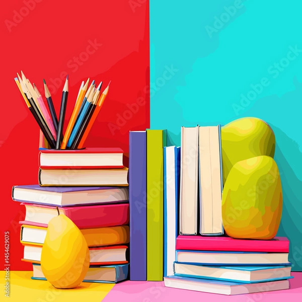 Obraz Vector illustration with a set of school supplies: notebooks, pens, pencils, rulers, books, textbooks and other items for studying. Bright and educational design.