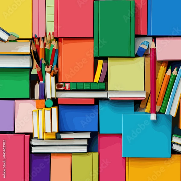 Obraz Vector illustration with a set of school supplies: notebooks, pens, pencils, rulers, books, textbooks and other items for studying. Bright and educational design.