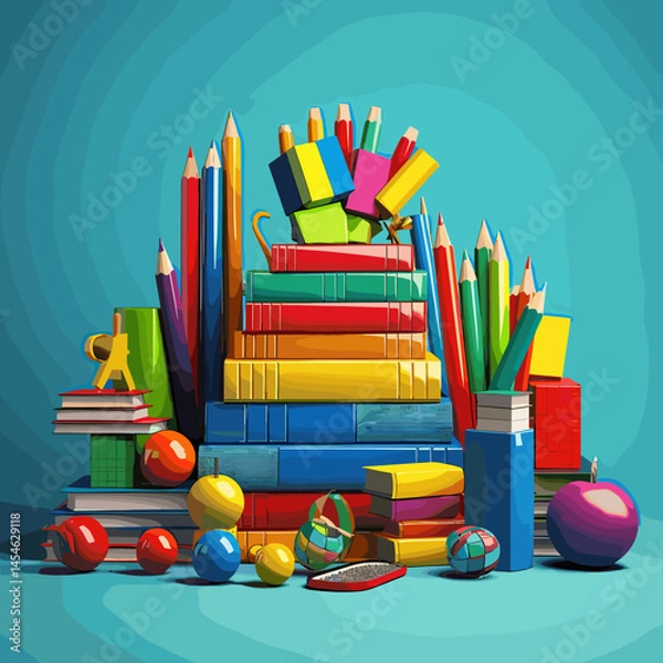 Obraz Vector illustration with a set of school supplies: notebooks, pens, pencils, rulers, books, textbooks and other items for studying. Bright and educational design.