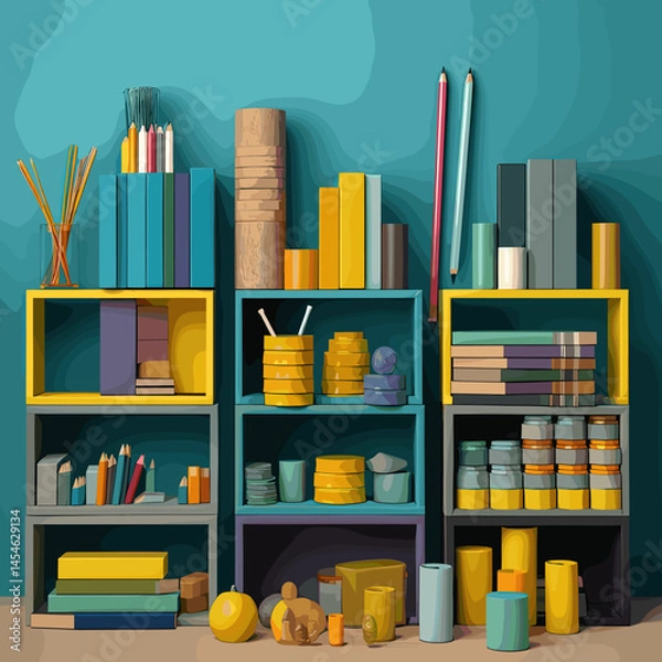 Obraz Vector illustration with a set of school supplies: notebooks, pens, pencils, rulers, books, textbooks and other items for studying. Bright and educational design.