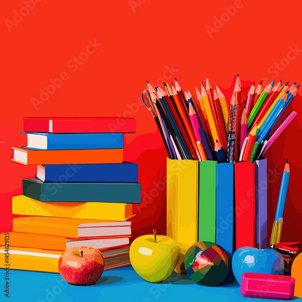 Obraz Vector illustration with a set of school supplies: notebooks, pens, pencils, rulers, books, textbooks and other items for studying. Bright and educational design.