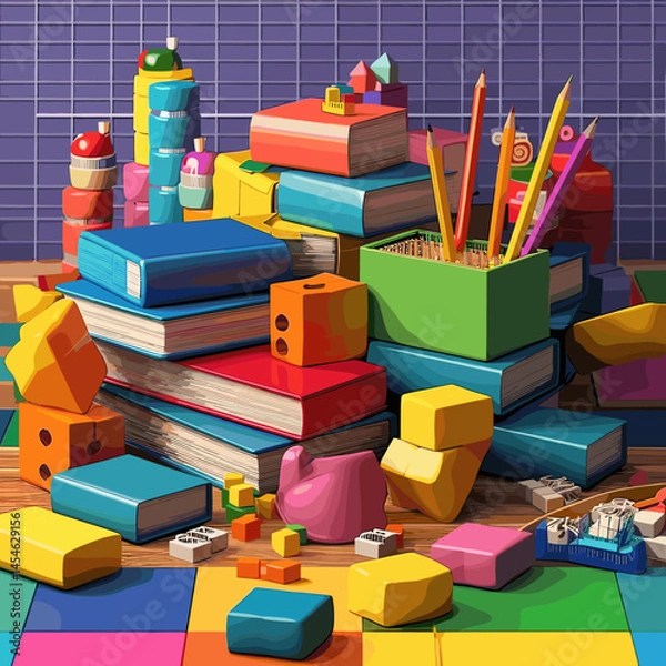 Obraz Vector illustration with a set of school supplies: notebooks, pens, pencils, rulers, books, textbooks and other items for studying. Bright and educational design.