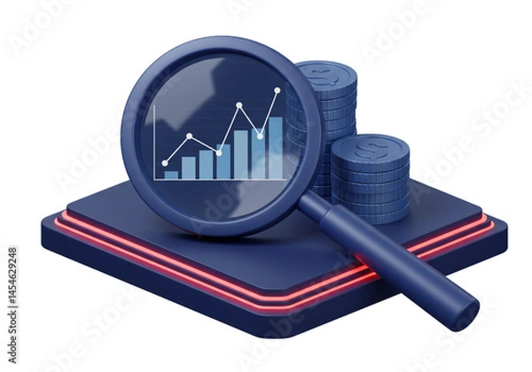 Obraz Analyzing Financial Growth with Magnifying Glass and Coins