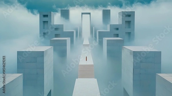 Fototapeta Misty architectural pathway leading to a light-filled gateway