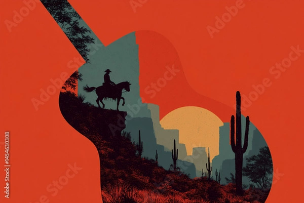 Obraz Western rodeo scene in guitar silhouette with cowboy and desert at sunset