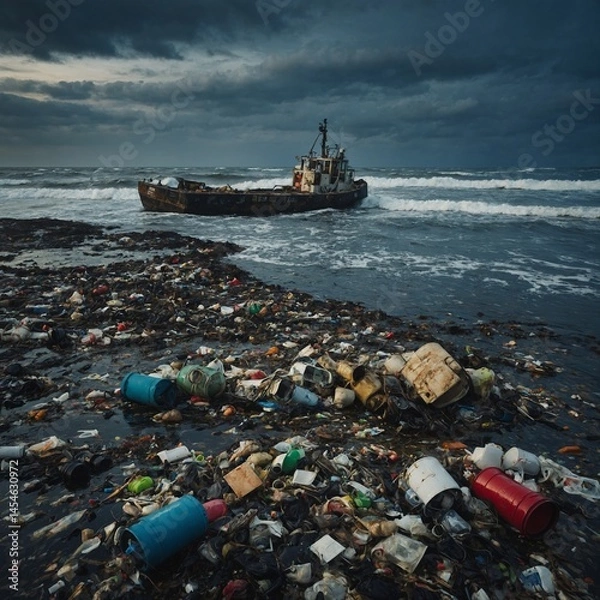 Fototapeta Fishing boat stranded near coastline with severe plastic pollution and cloudy skies depicting environmental damage and ocean contamination