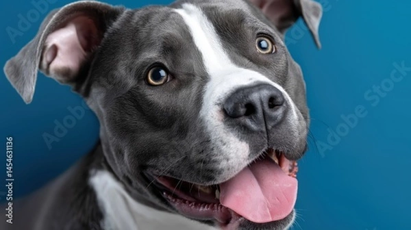 Fototapeta Joyful American bully dog portrait against a vibrant blue background showcasing its cheerful personality and striking features