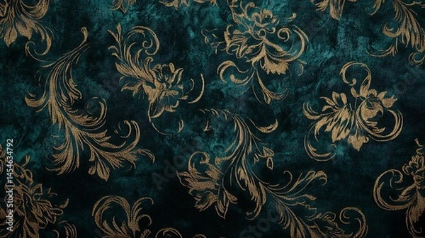 Obraz Elegant teal and gold floral wallpaper design featuring intricate patterns and textures