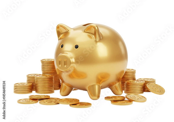 Obraz Golden Piggy Bank with Stacked Coins for Saving Money