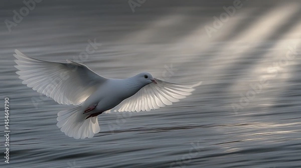 Fototapeta Serene Flight of a White Dove over Tranquil Water at Dawn