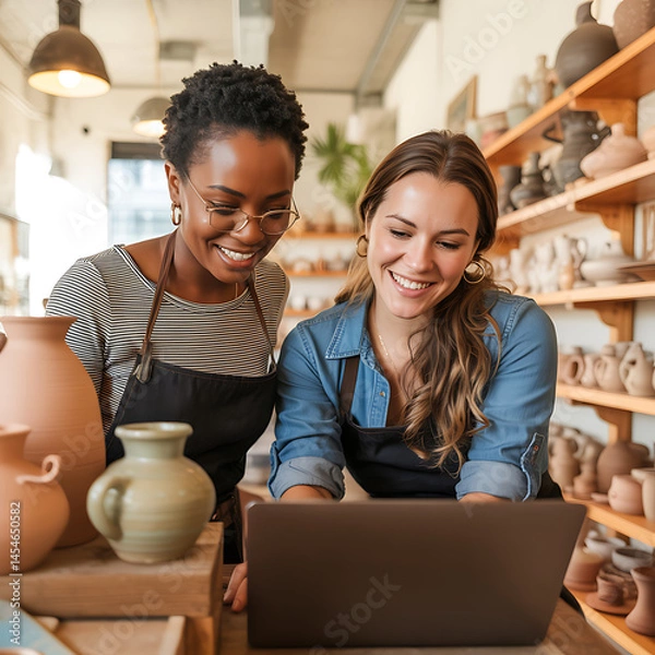 Fototapeta Two happy female potters using laptop in pottery studio