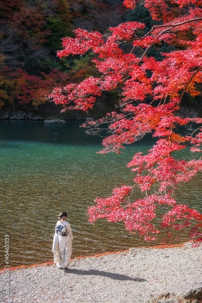 Fototapeta woman in Japanese kimono by red maple leaves at fall, Arashiyama