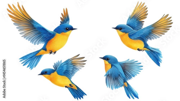 Fototapeta Stunning Collection Set of Flying Blue and Yellow Birds Isolated on White Background for Nature and Wildlife Design