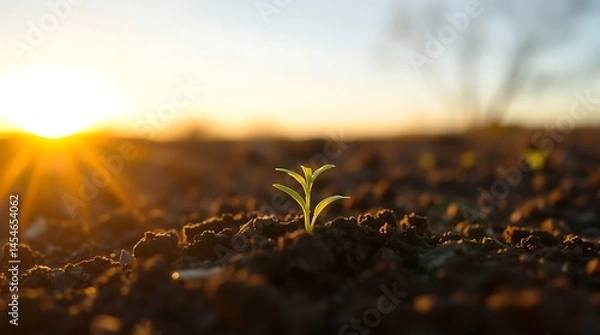 Fototapeta High-resolution photo of a green seedling sprouting from rich soil, bathed in warm sunlight—symbolizing growth, renewal, and the beauty of new beginnings.