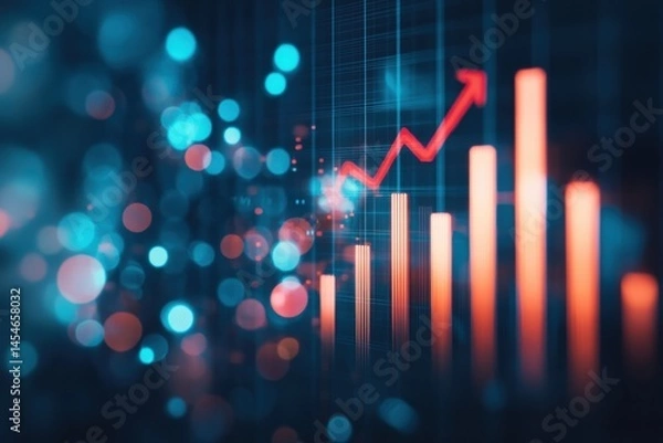 Fototapeta Red arrow rising on digital bar chart with blurred blue bokeh lights in background. Concept of economic growth, finance, analytics, success and positive trend in data statistics. Copy space. Banner