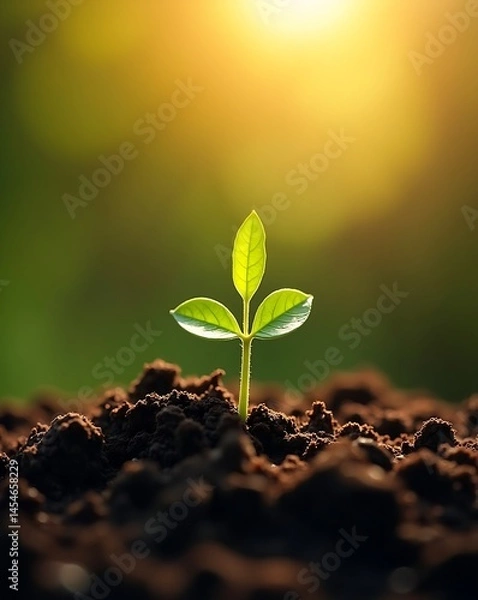 Fototapeta High-resolution photo of a green seedling sprouting from rich soil, bathed in warm sunlight—symbolizing growth, renewal, and the beauty of new beginnings.
